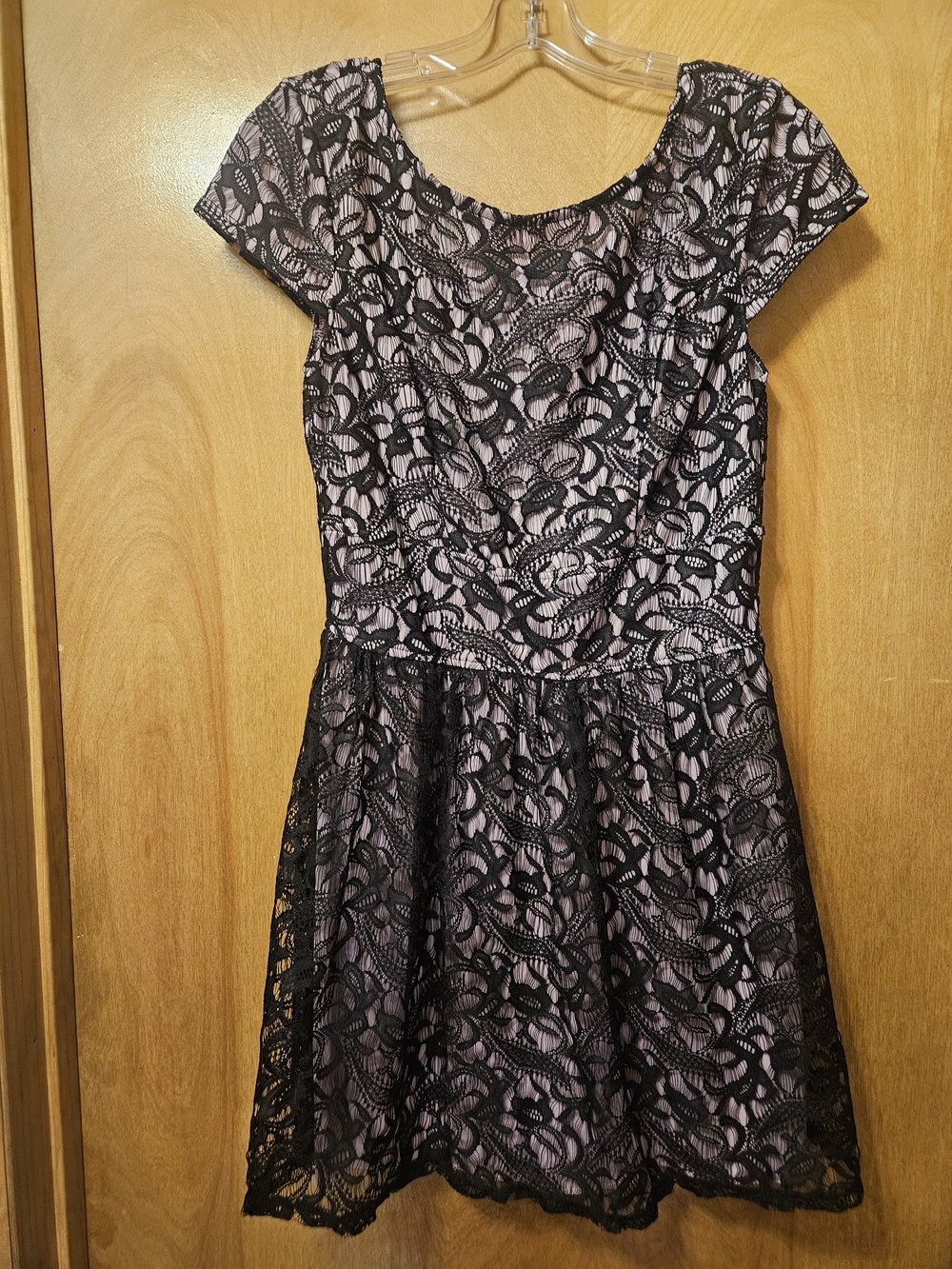 Three Pink Hearts Black Lace Midi Dress with Pink Lining